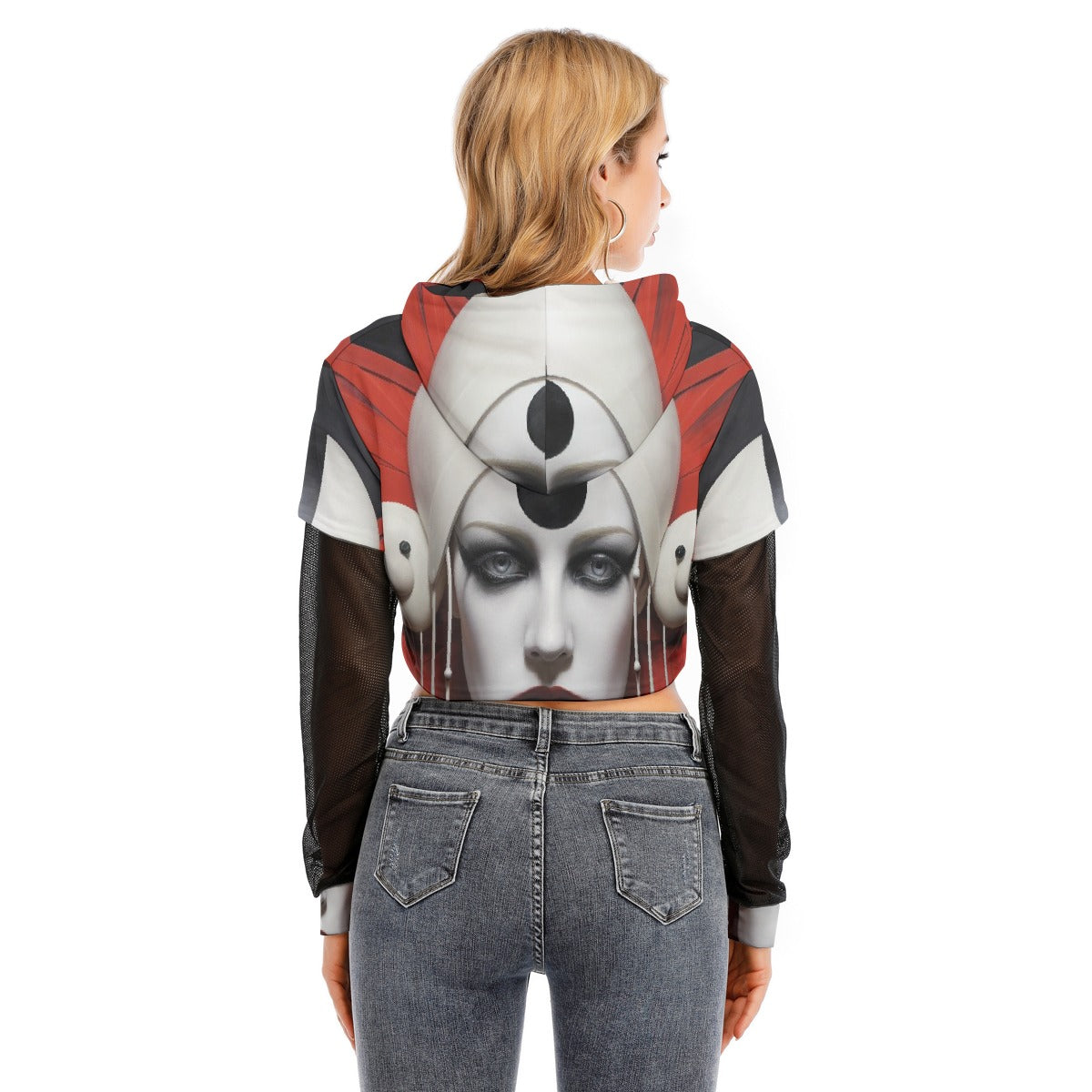 All-Over Print Women's Fake Two-piece Mesh Sleeve Cropped Hoodie