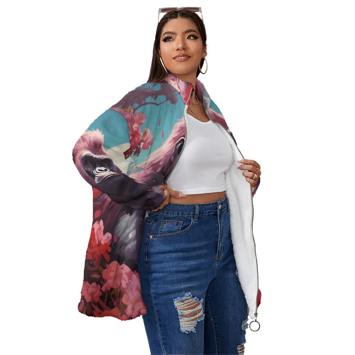 All-Over Print Unisex Borg Fleece Stand-up Collar Coat With Zipper Closure(Plus Size)