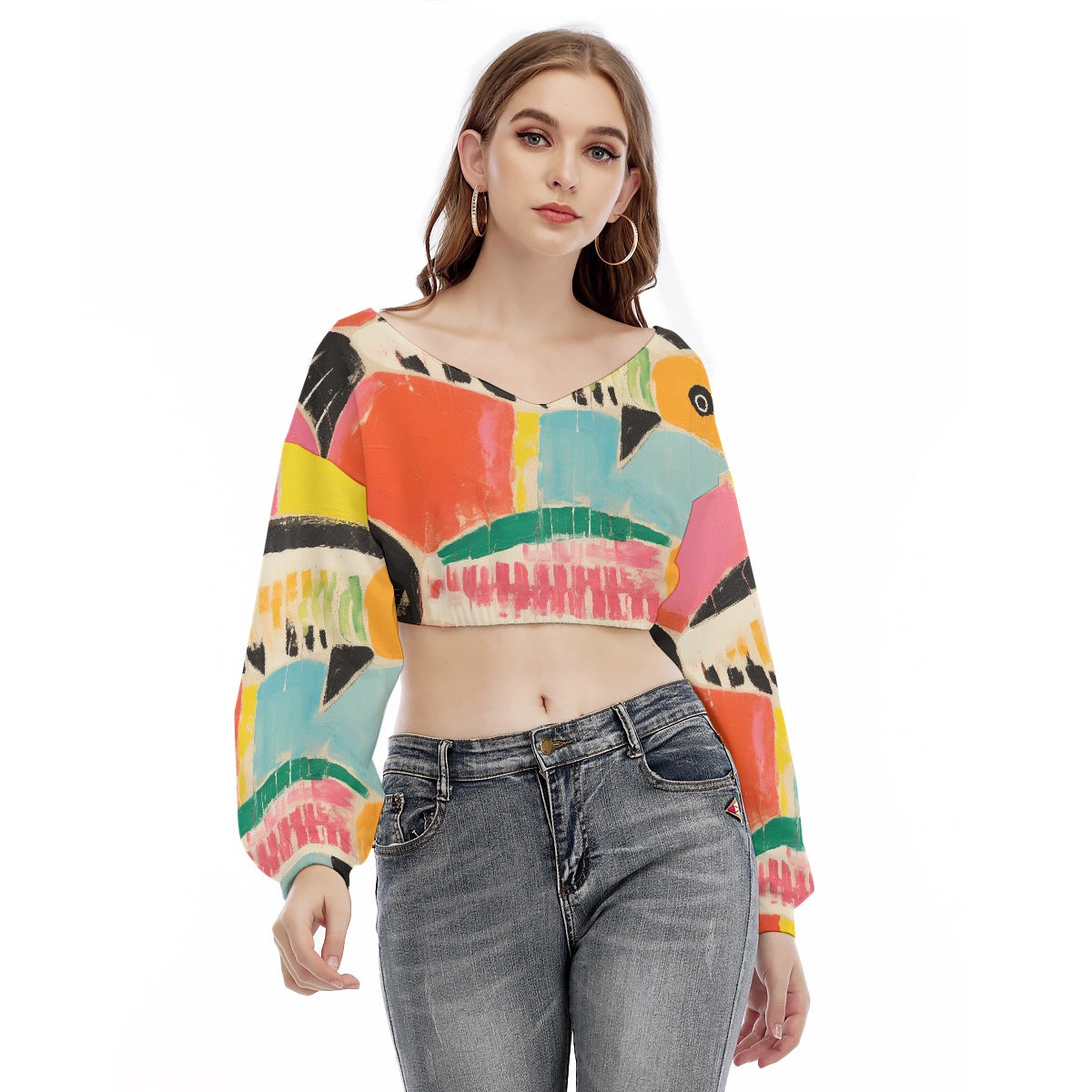 All-Over Print Women's V-neck Long Sleeve Cropped Sweatshirt