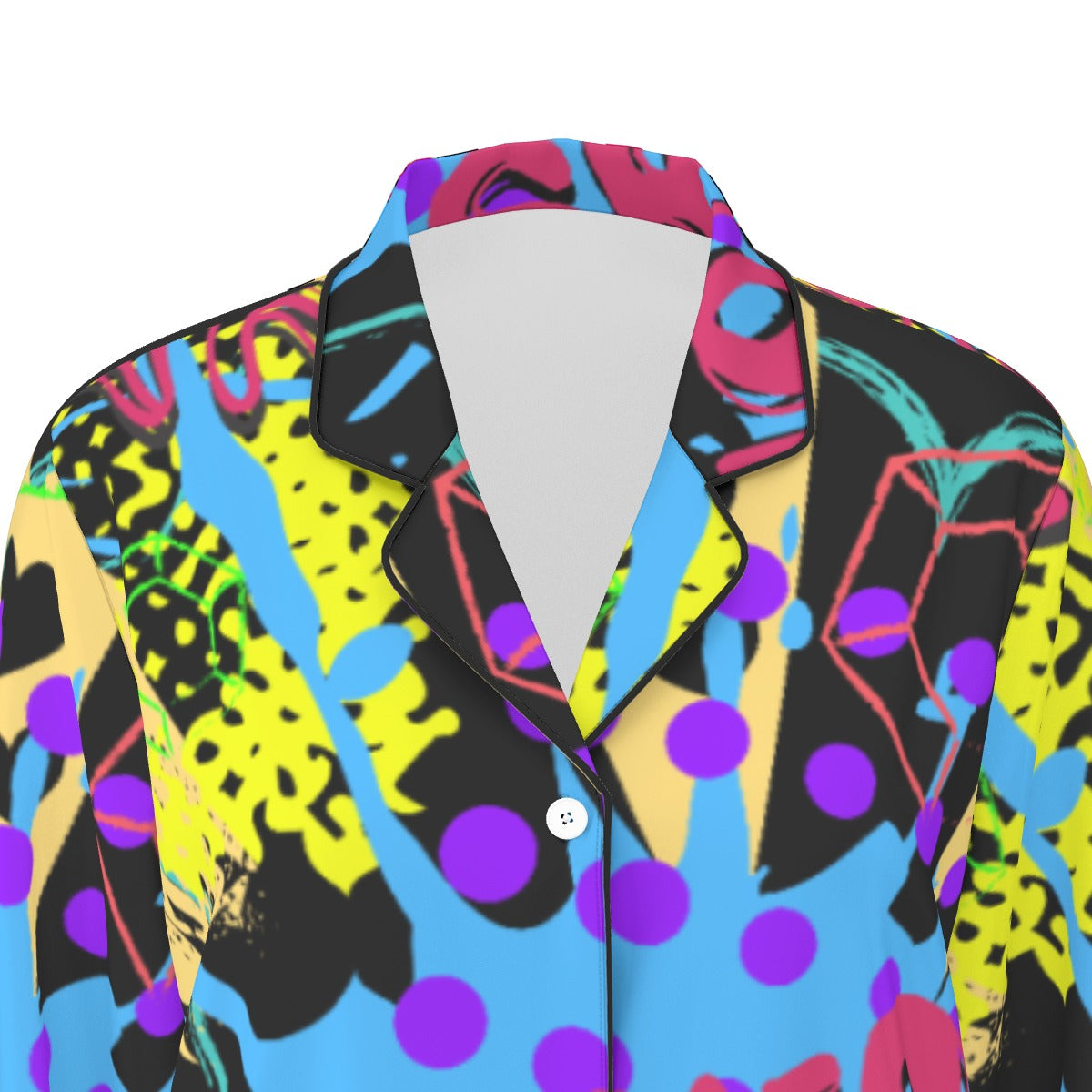 All-Over Print Women's Long Sleeve Pajama Set With Black Contrast Piping