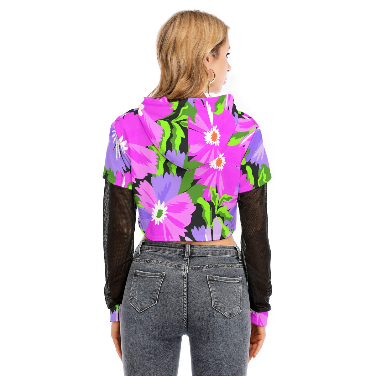All-Over Print Women's Fake Two-piece Mesh Sleeve Cropped Hoodie