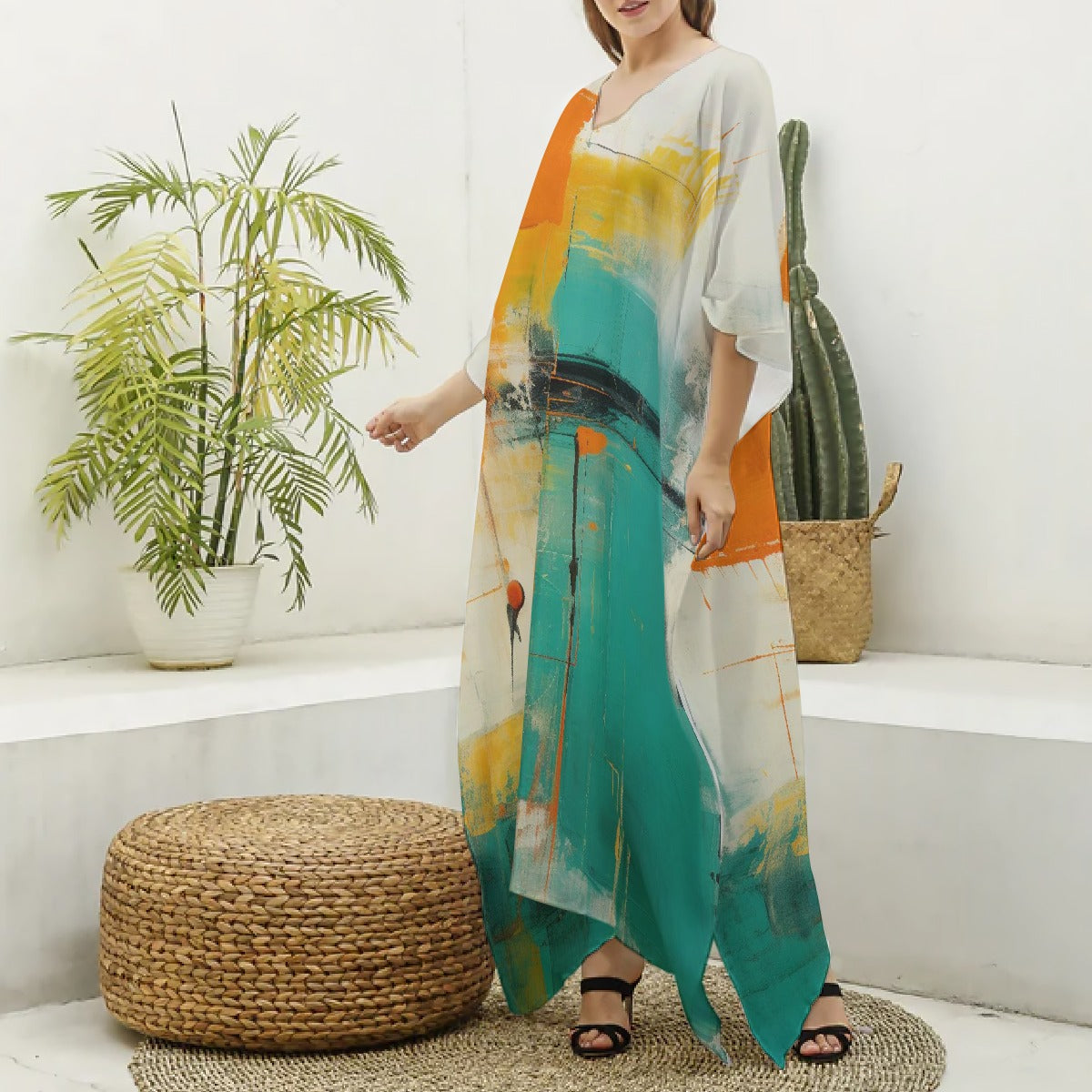 All-Over Print Women's Imitation Silk V-neck Kaftan Robe