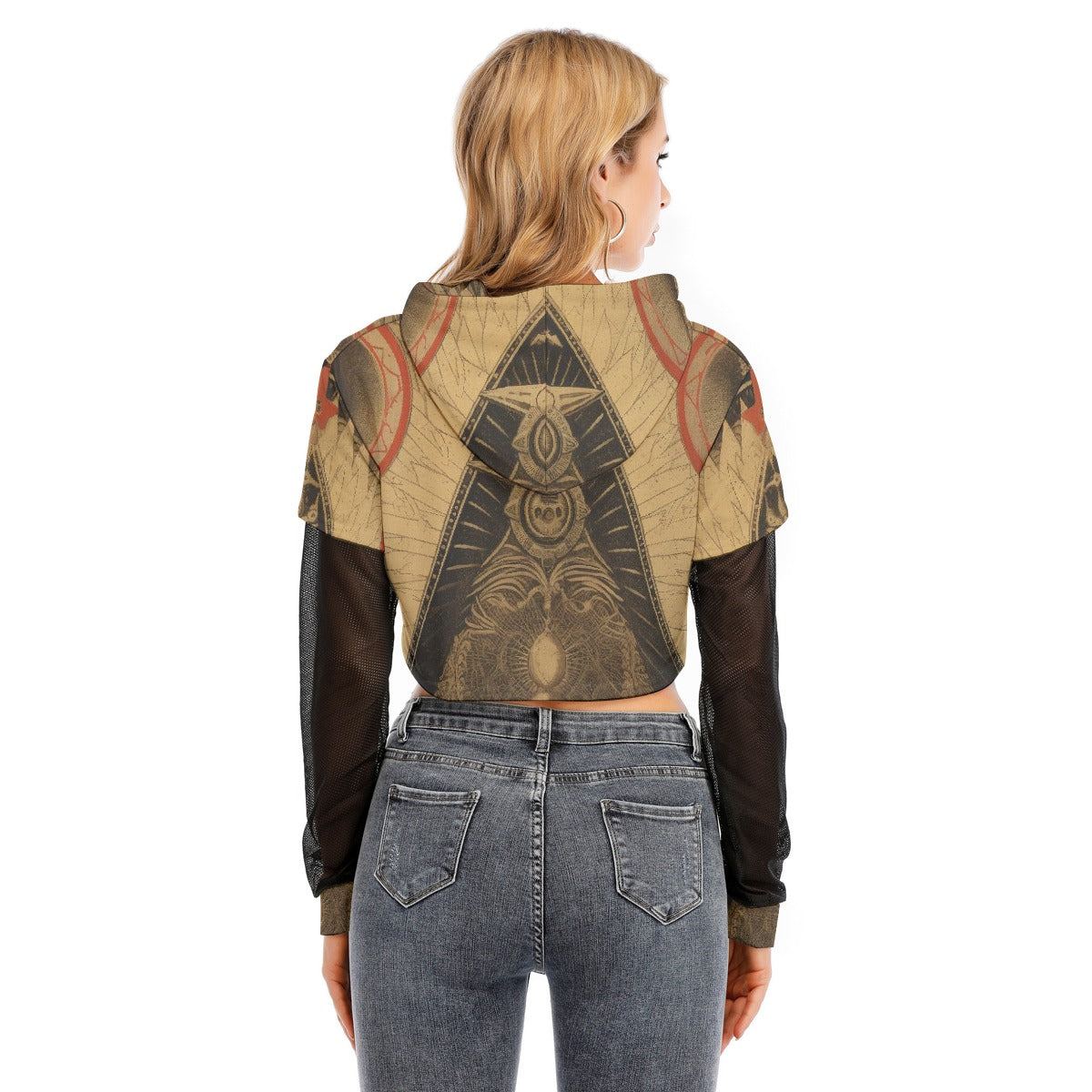 All-Over Print Women's Fake Two-piece Mesh Sleeve Cropped Hoodie