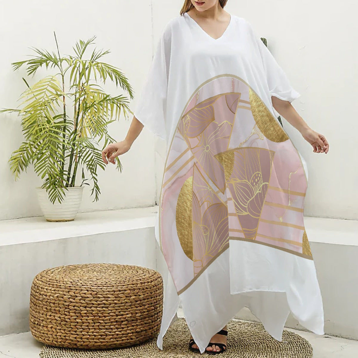 All-Over Print Women's Imitation Silk V-neck Kaftan Robe