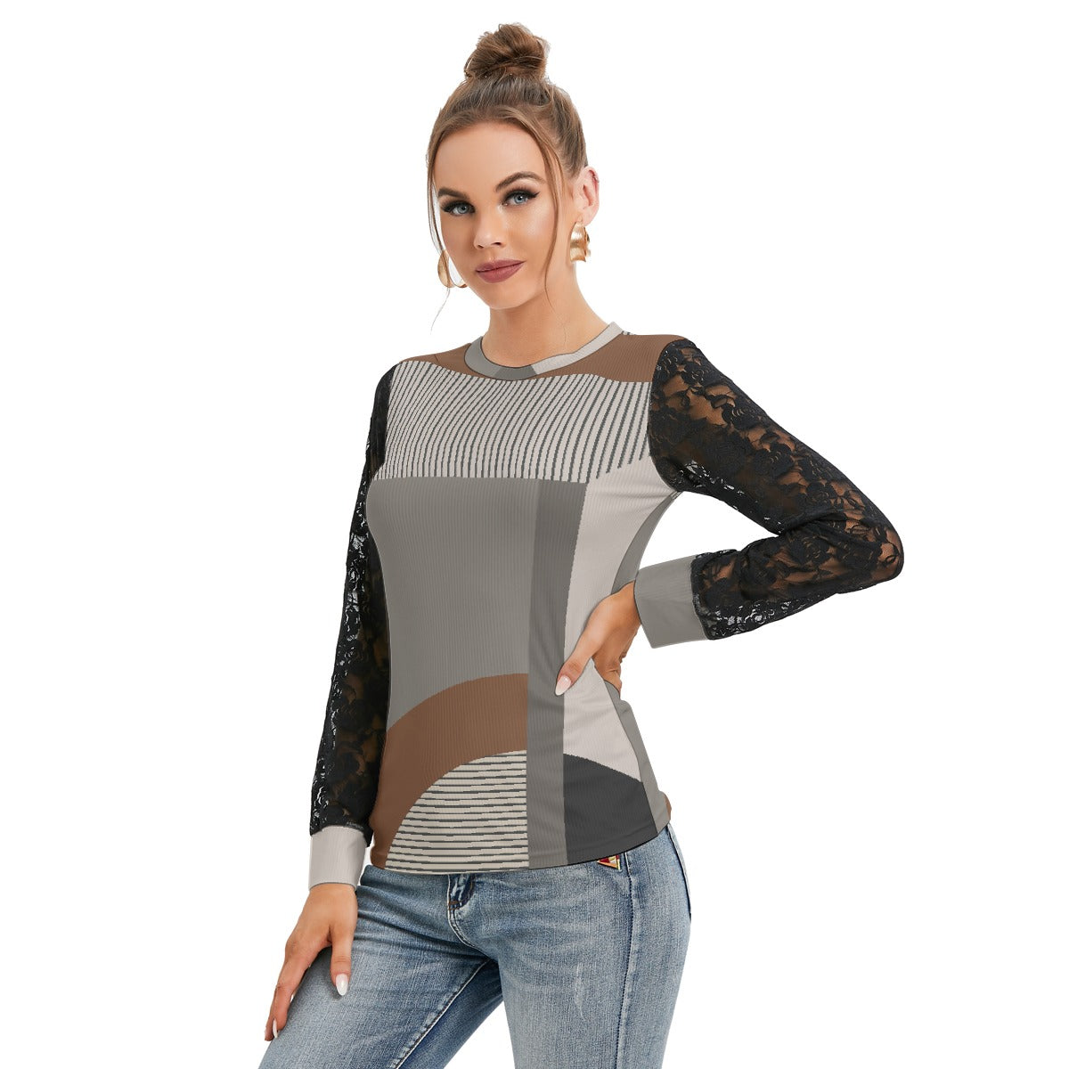 All-Over Print Women's T-shirt And Sleeve With Black Lace