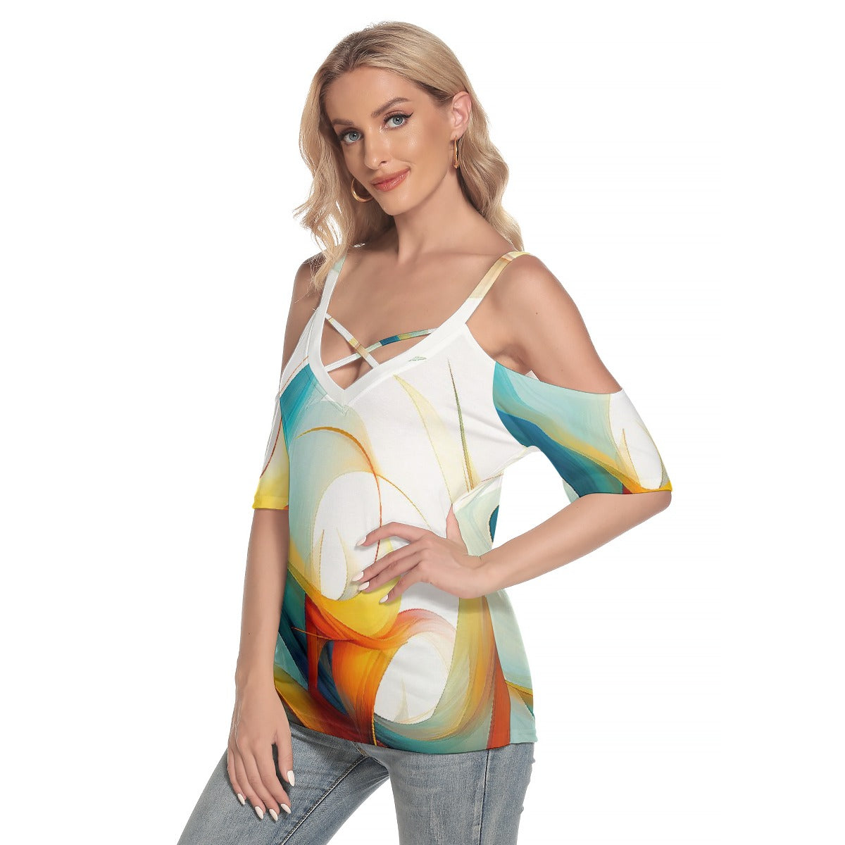 All-Over Print Women's Cold Shoulder T-shirt With Criss Cross Strips