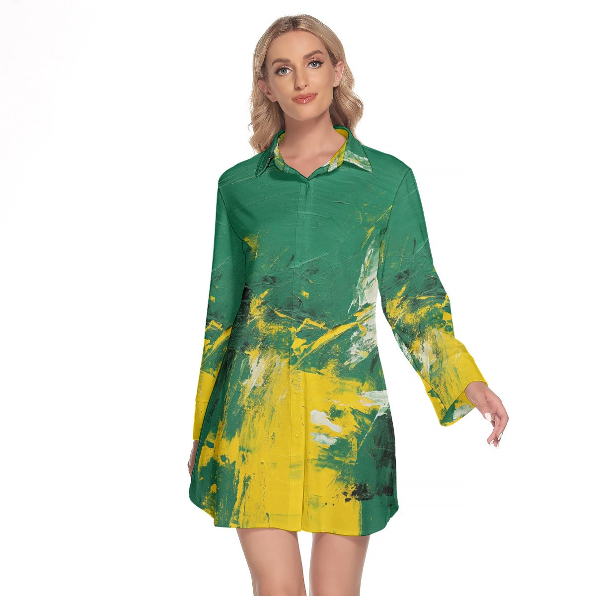 All-Over Print Women's Lapel Shirt Dress With Long Sleeve