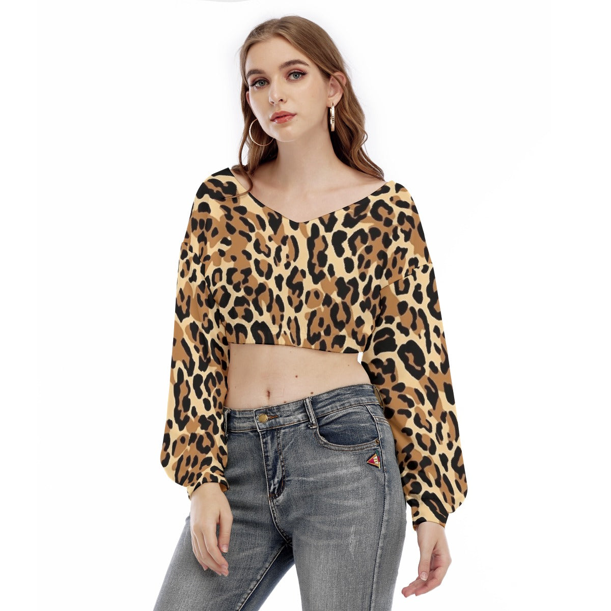 All-Over Print Women's V-neck Long Sleeve Cropped Sweatshirt
