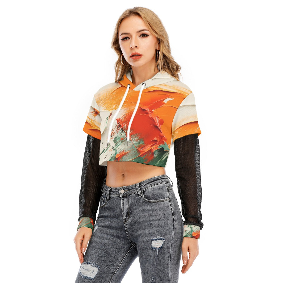All-Over Print Women's Fake Two-piece Mesh Sleeve Cropped Hoodie