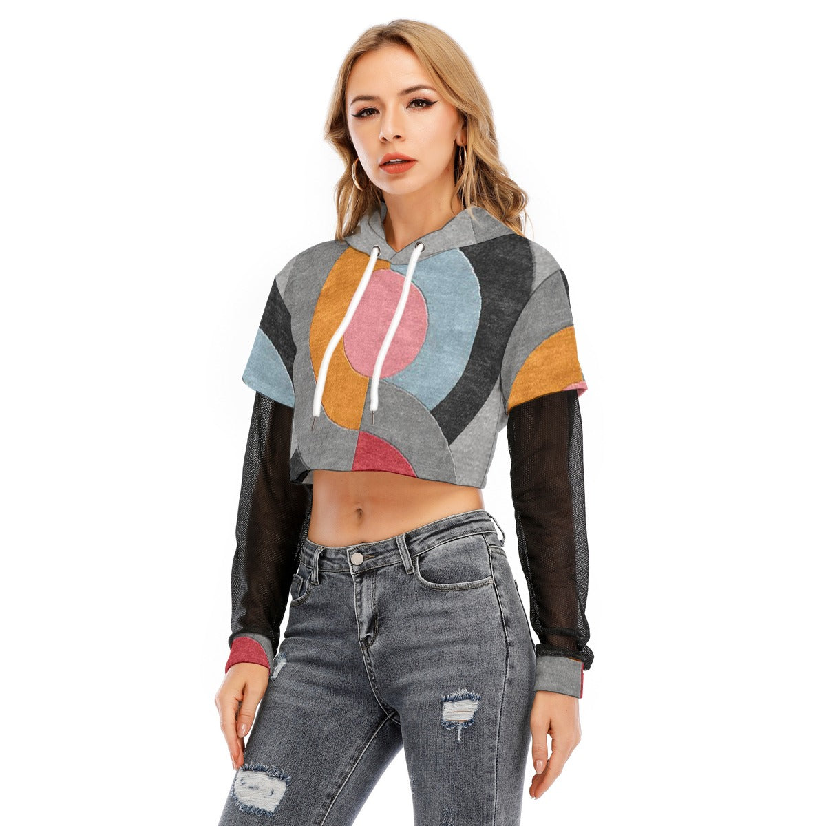 All-Over Print Women's Fake Two-piece Mesh Sleeve Cropped Hoodie