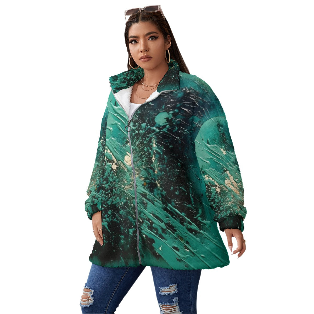 All-Over Print Unisex Borg Fleece Stand-up Collar Coat With Zipper Closure(Plus Size)
