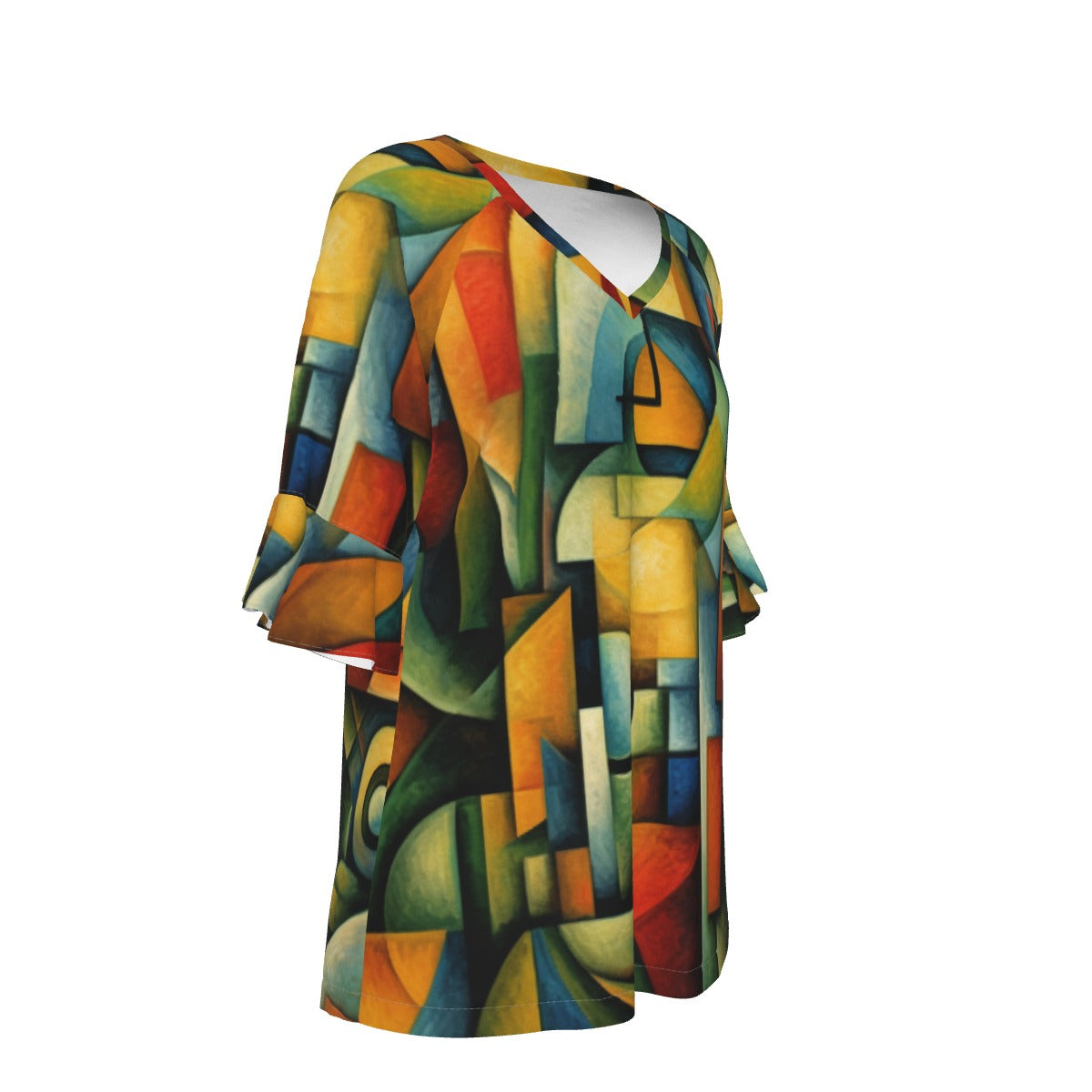 All-Over Print V-neck Women's T-shirt With Bell Sleeve