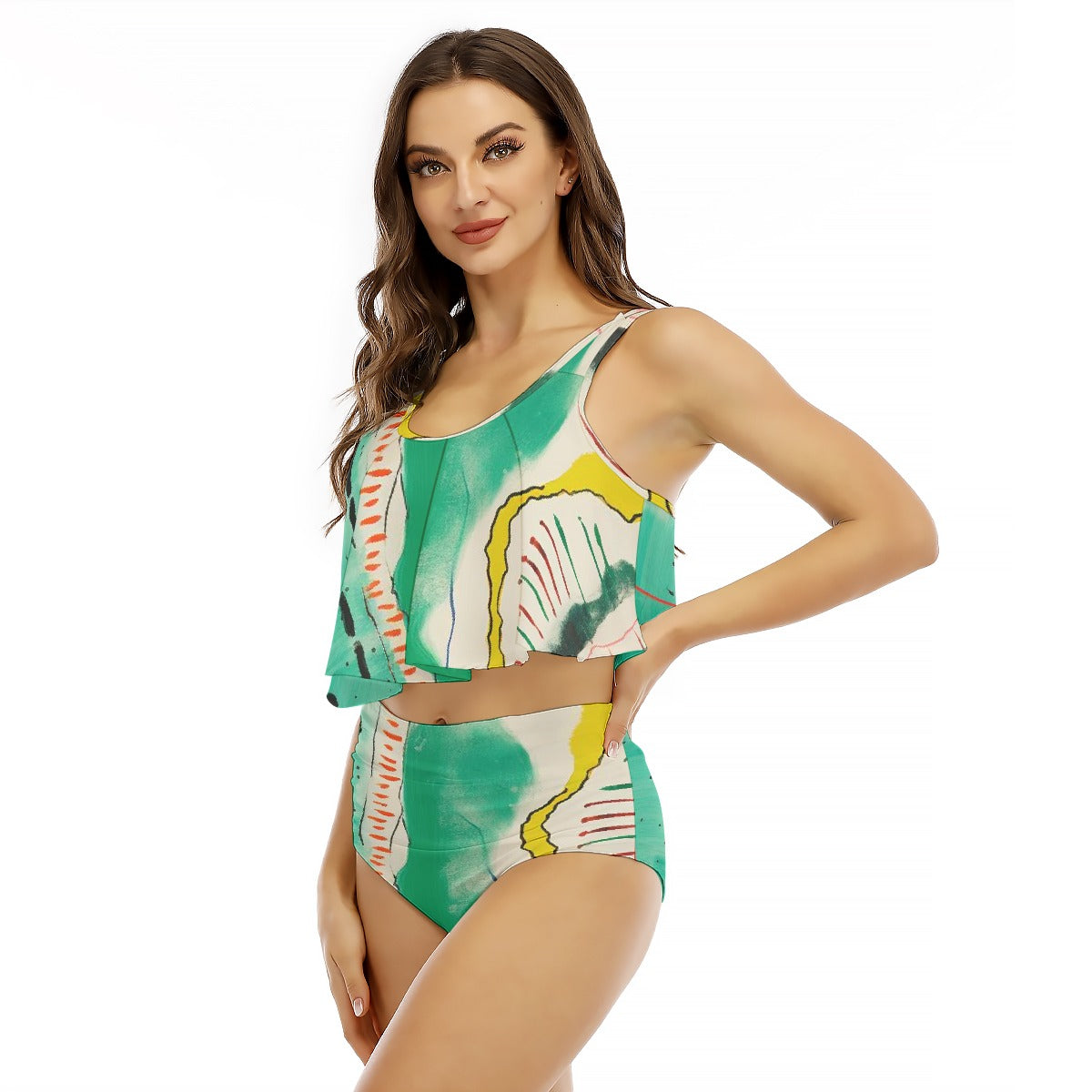 All-Over Print Women's Ruffled Vest Bikini Swimsuit