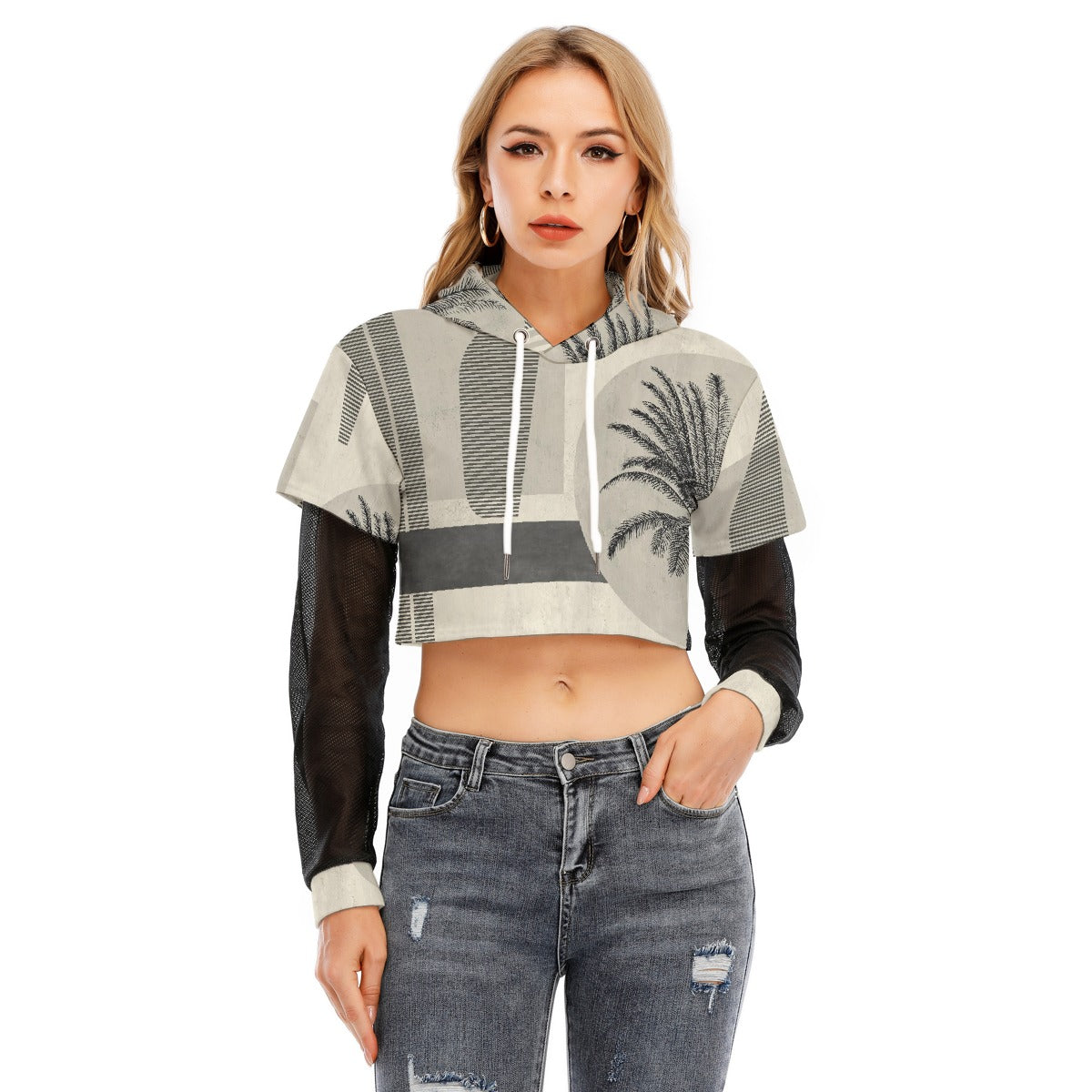 All-Over Print Women's Fake Two-piece Mesh Sleeve Cropped Hoodie