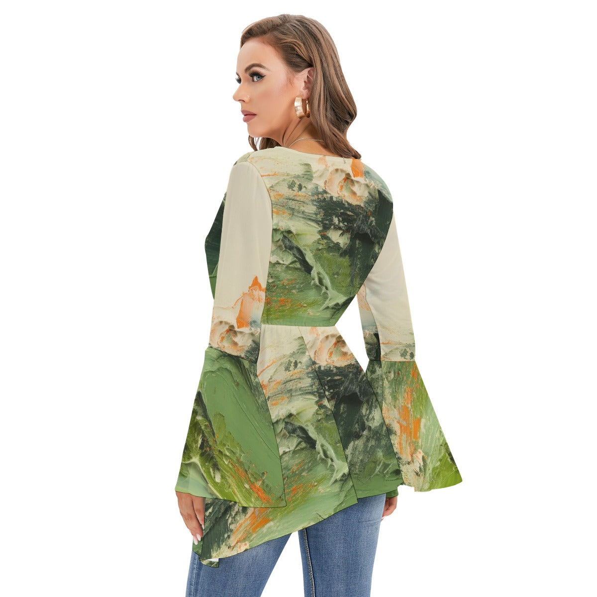 All-Over Print Women's V-neck Blouse With Flared Sleeves