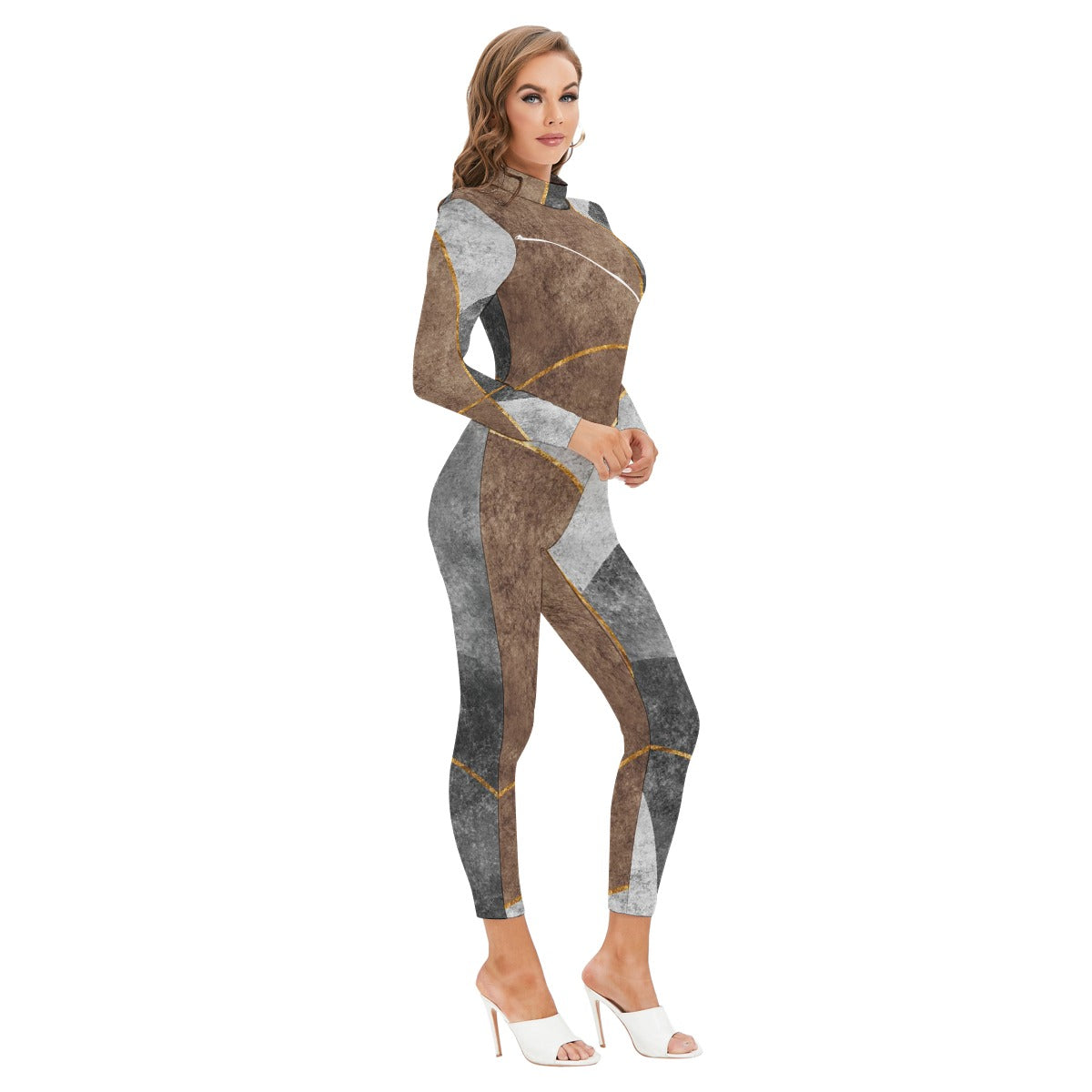 All-Over Print Women's Long-sleeved High-neck Jumpsuit With Zipper
