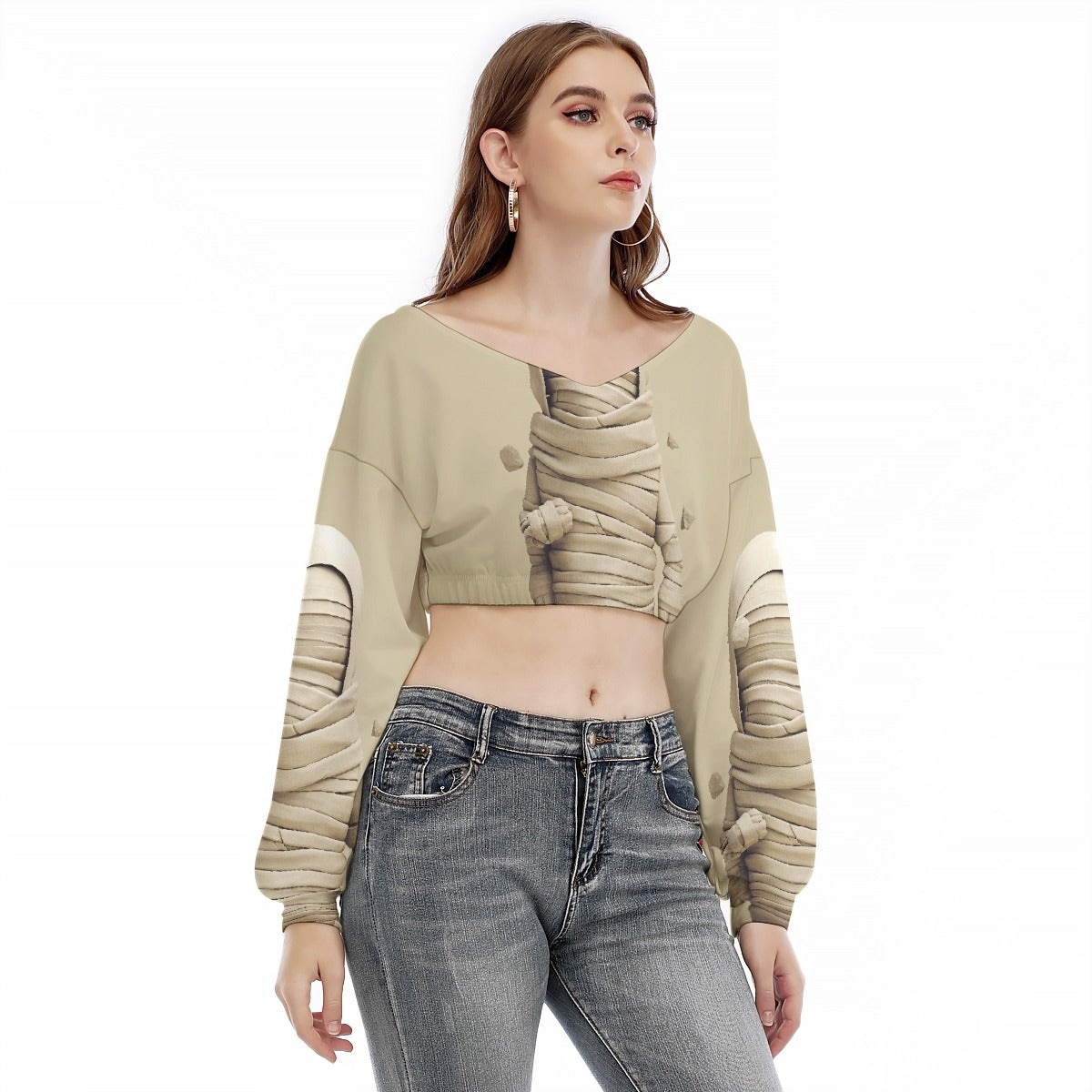 All-Over Print Women's V-neck Long Sleeve Cropped Sweatshirt
