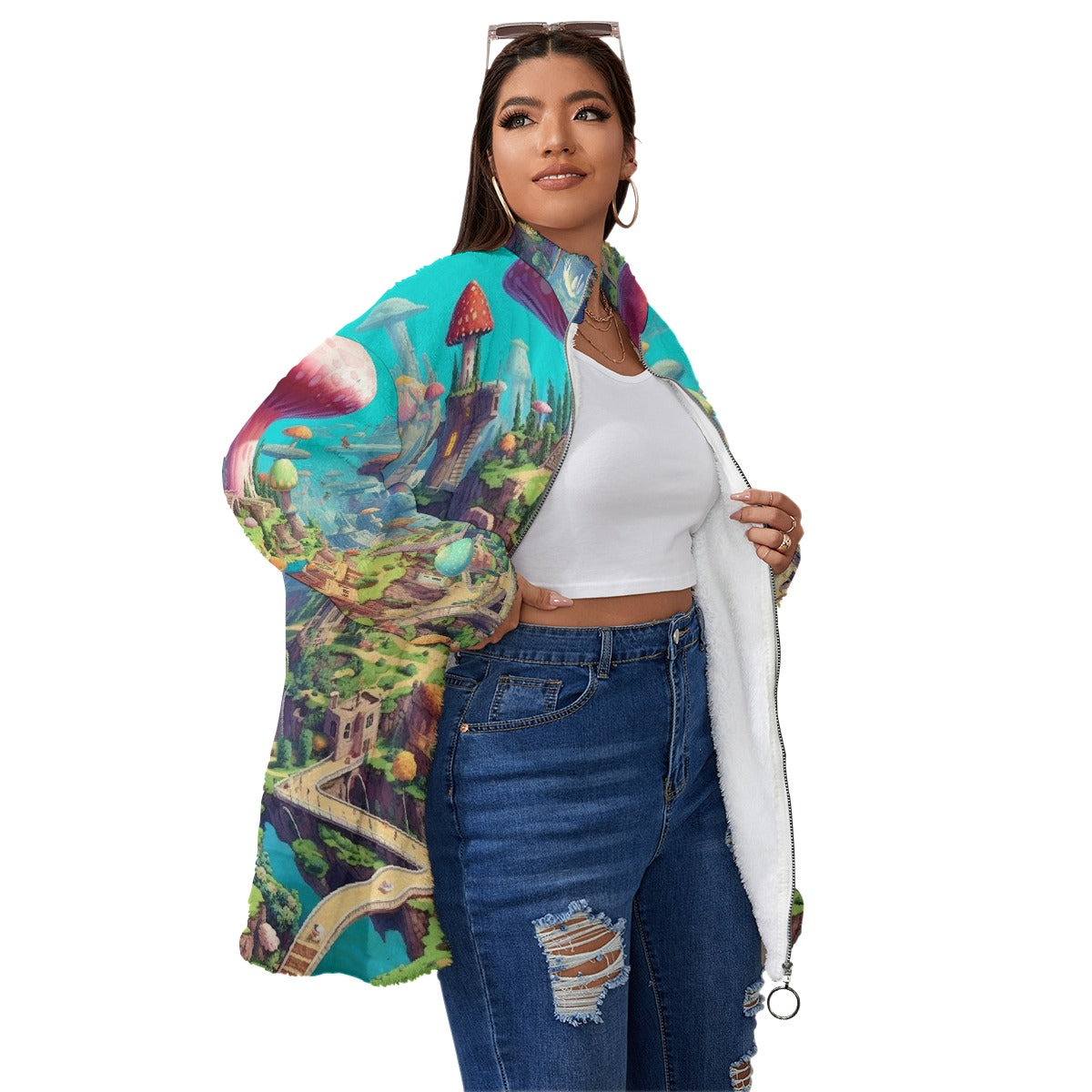 All-Over Print Unisex Borg Fleece Stand-up Collar Coat With Zipper Closure(Plus Size)