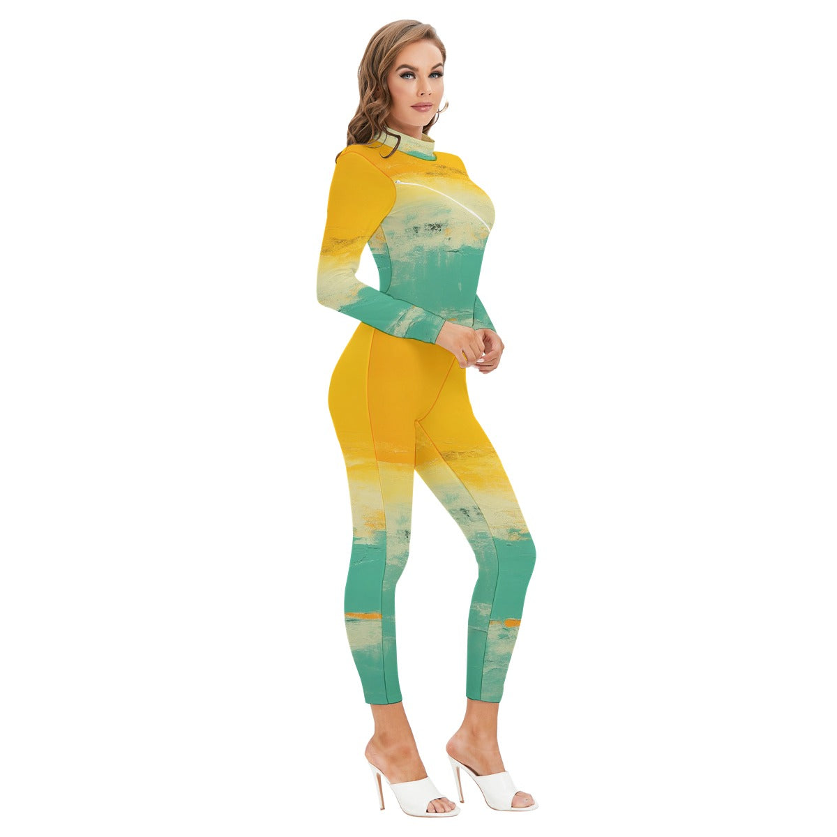 All-Over Print Women's Long-sleeved High-neck Jumpsuit With Zipper