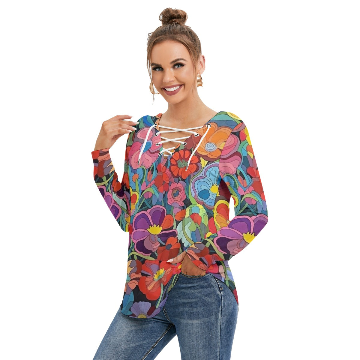 All-Over Print Women's Long Sleeve Neckline Tie Sweatshirt