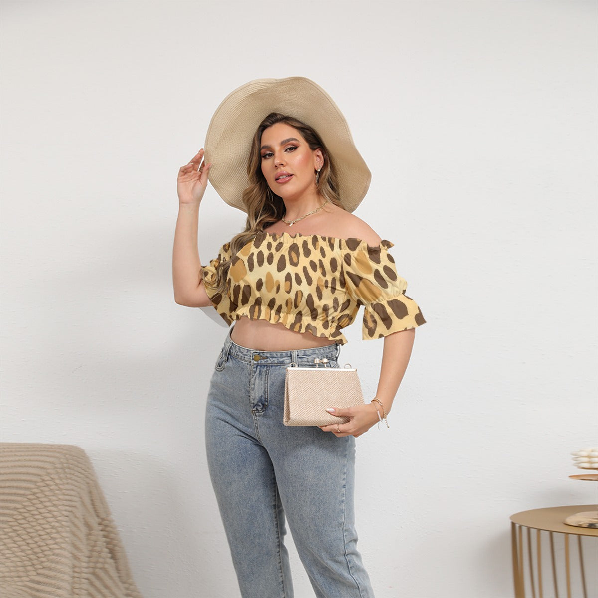 All-Over Print Women's Off-shoulder Cropped Top With Short Puff Sleeve