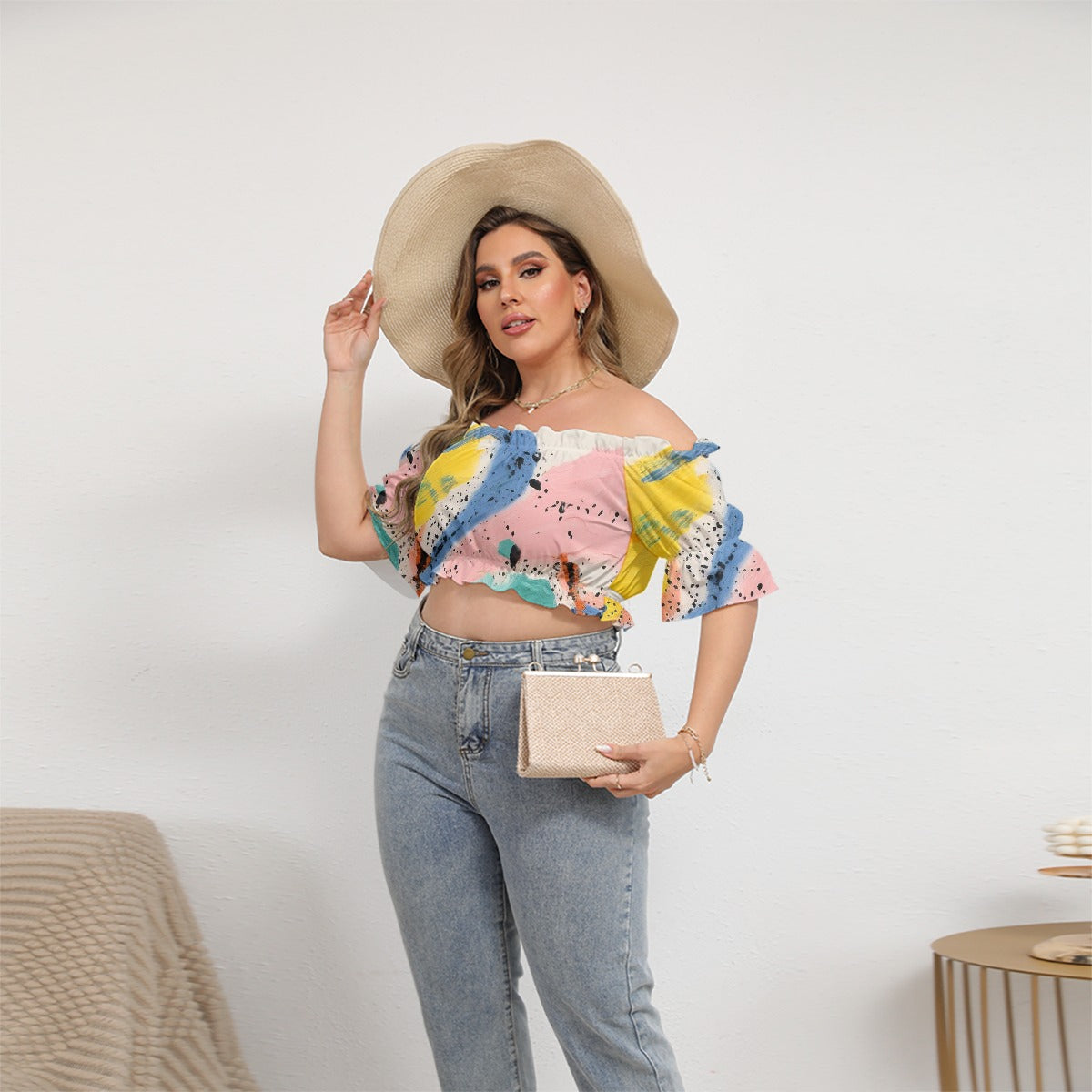 All-Over Print Women's Off-shoulder Cropped Top With Short Puff Sleeve