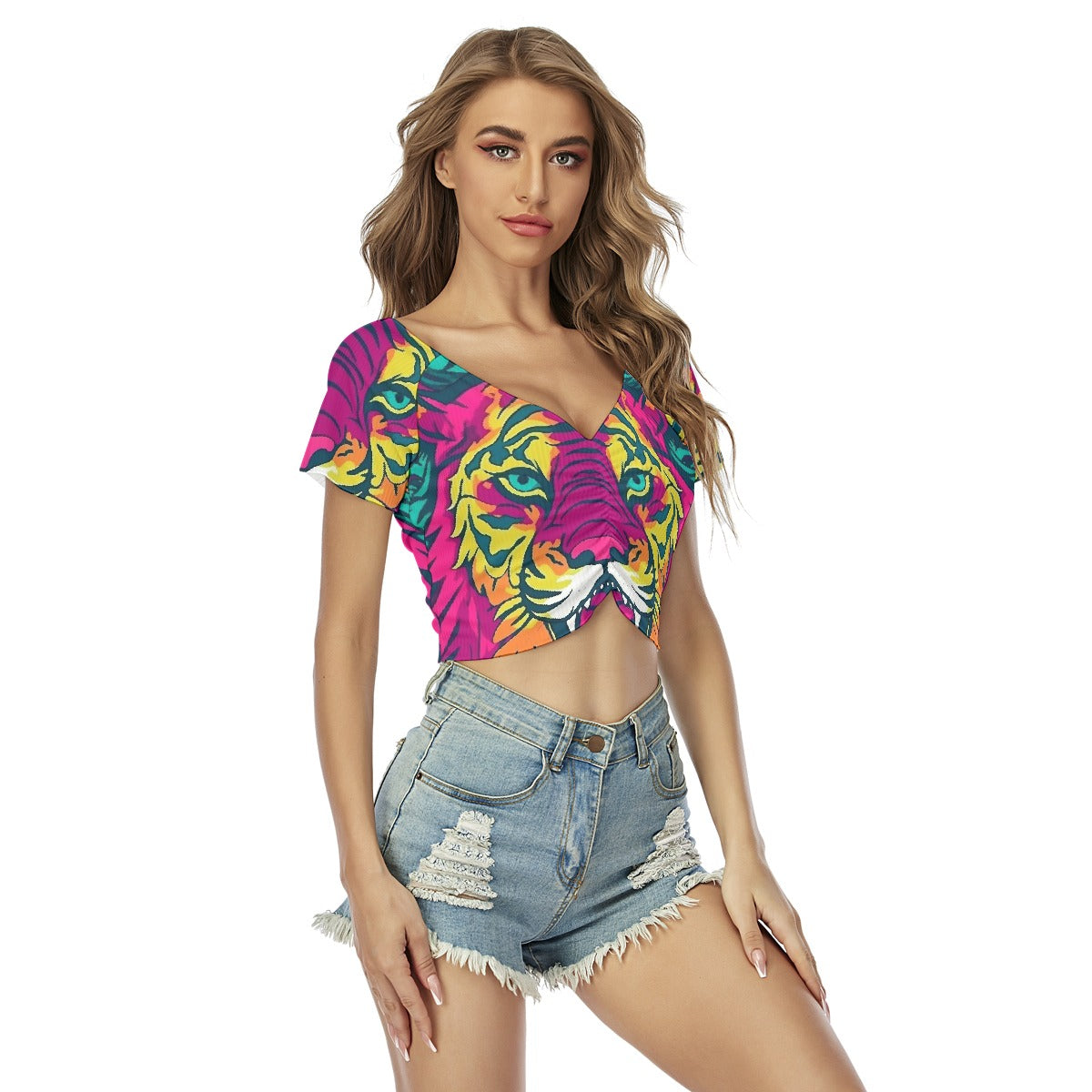 All-Over Print Women's Raglan Drawstring Front  Crop Tee