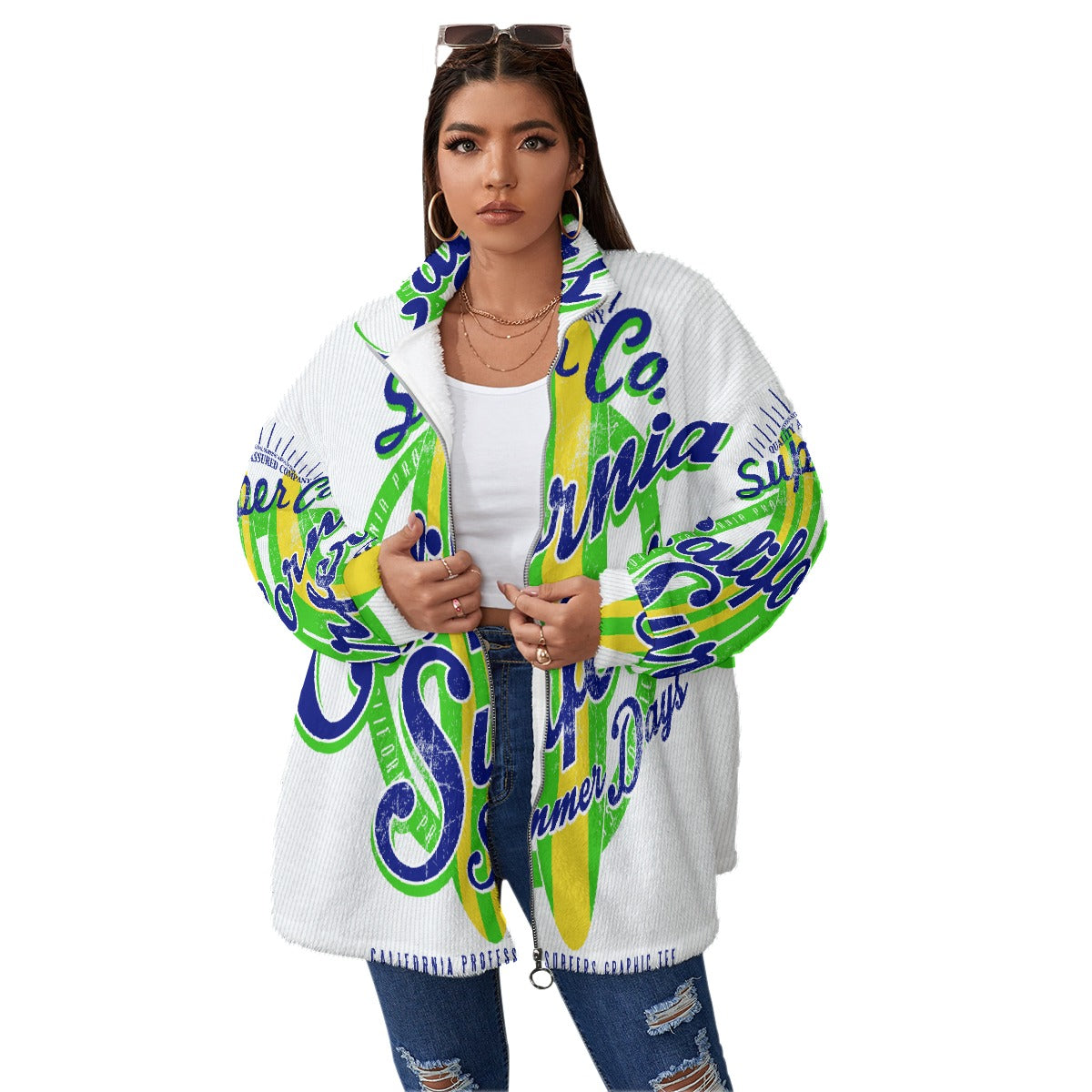 All-Over Print Unisex Borg Fleece Stand-up Collar Coat With Zipper Closure(Plus Size)