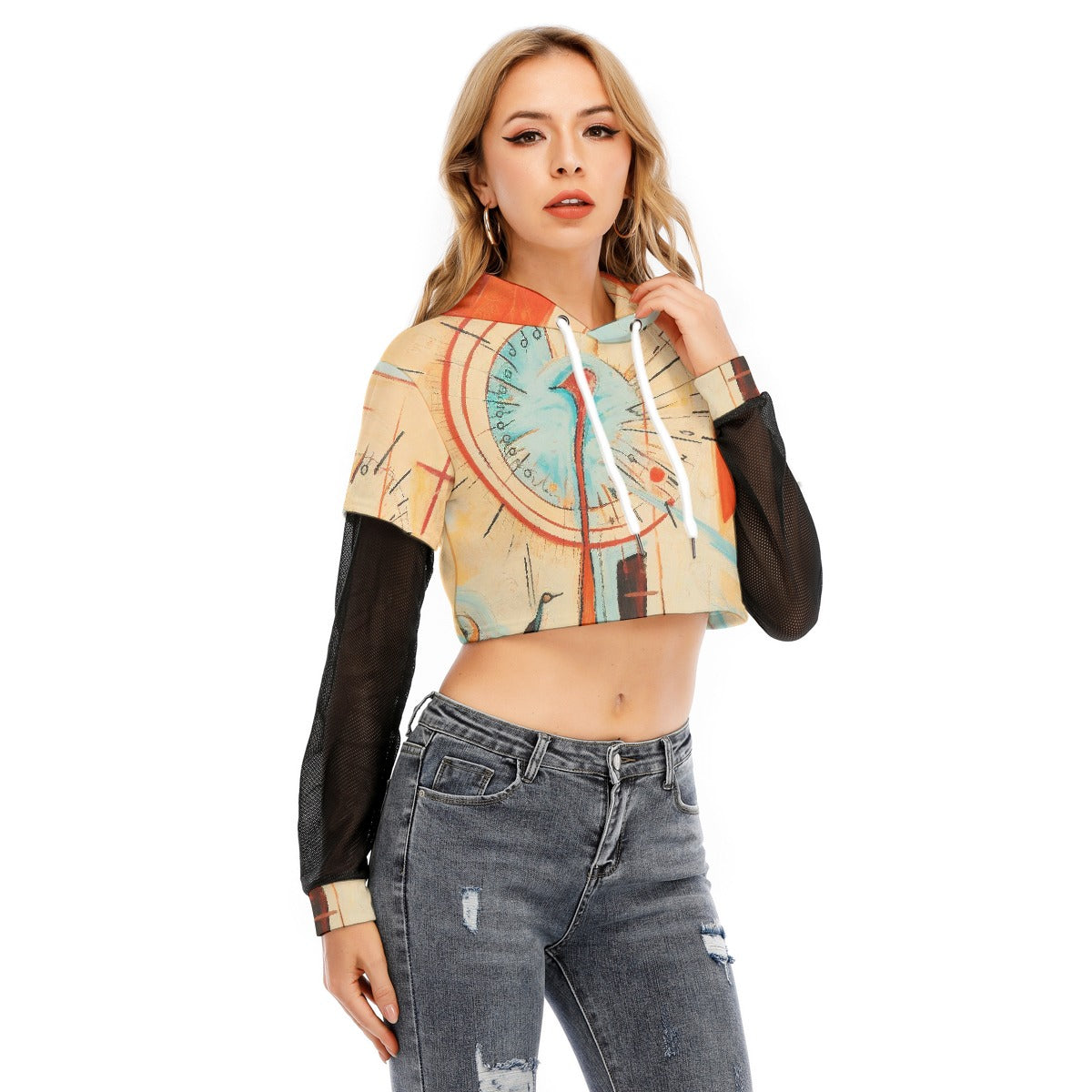 All-Over Print Women's Fake Two-piece Mesh Sleeve Cropped Hoodie