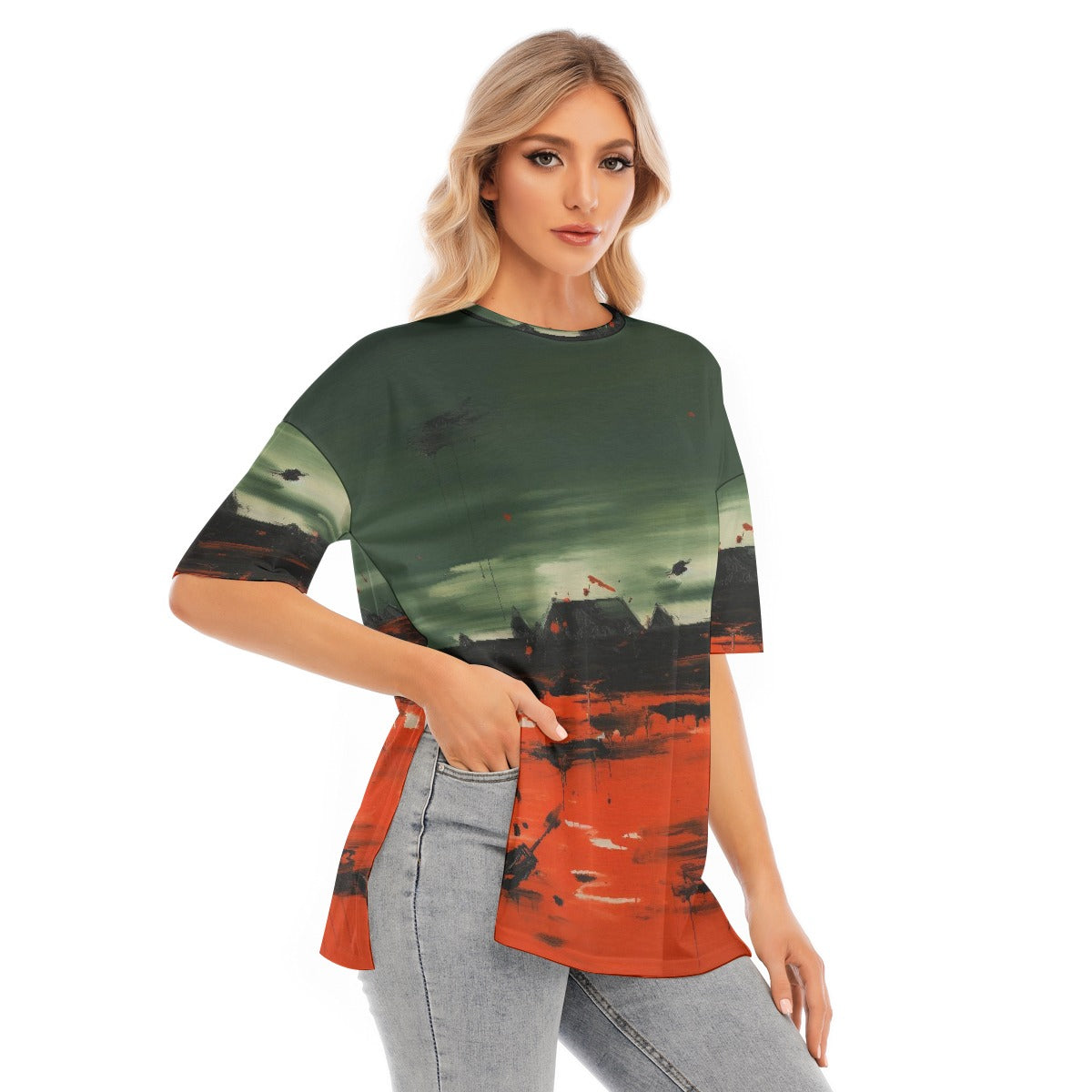 All-Over Print Women's Short Sleeves T-shirt With Hem Split