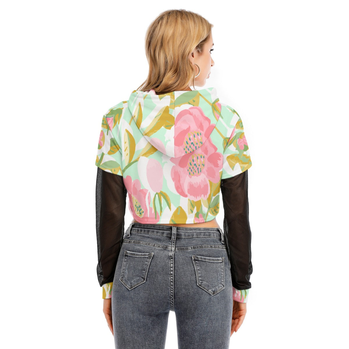 All-Over Print Women's Fake Two-piece Mesh Sleeve Cropped Hoodie