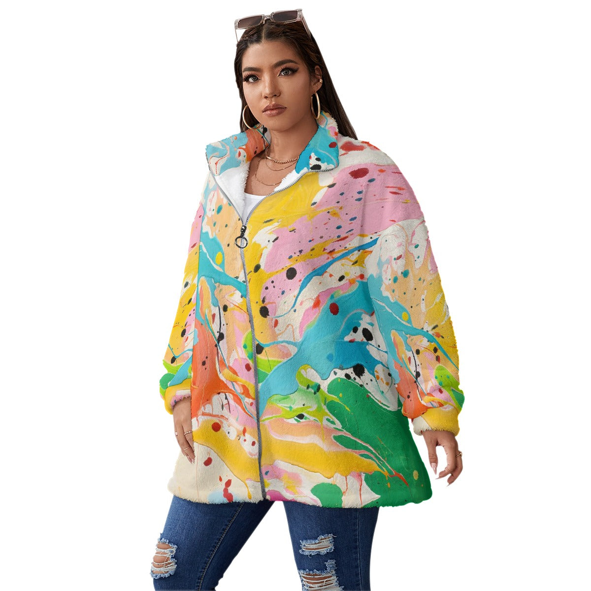 All-Over Print Unisex Borg Fleece Stand-up Collar Coat With Zipper Closure(Plus Size)