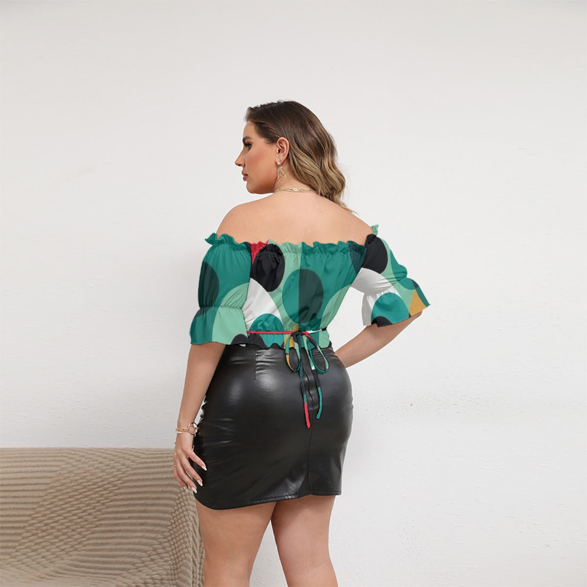 All-Over Print Women's Off-shoulder Cropped Top With Short Puff Sleeve