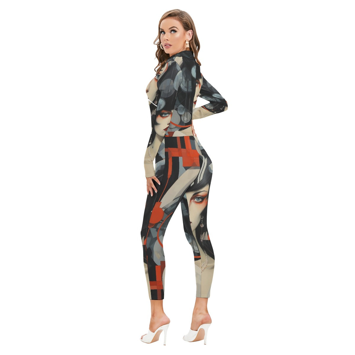 All-Over Print Women's Long-sleeved High-neck Jumpsuit With Zipper