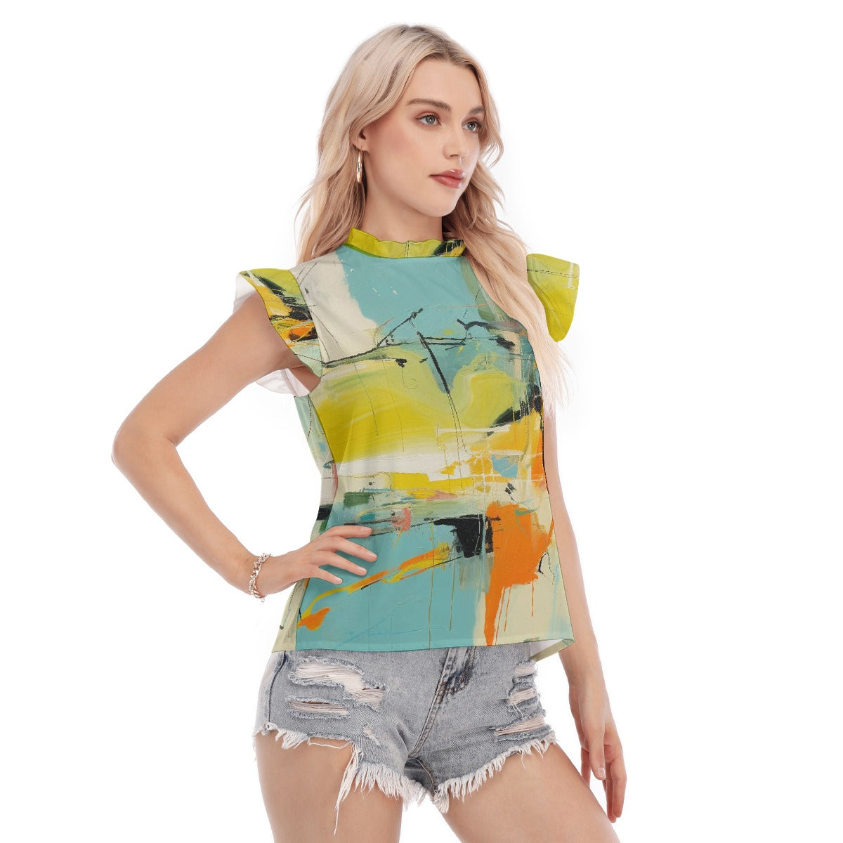 All-Over Print Women's Blouse With Ruffle Collar And Sleeve