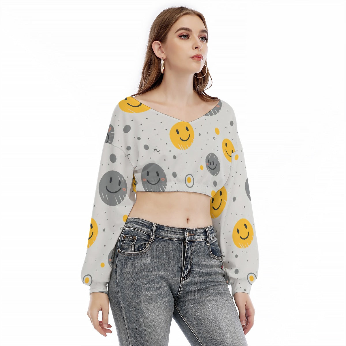 All-Over Print Women's V-neck Long Sleeve Cropped Sweatshirt