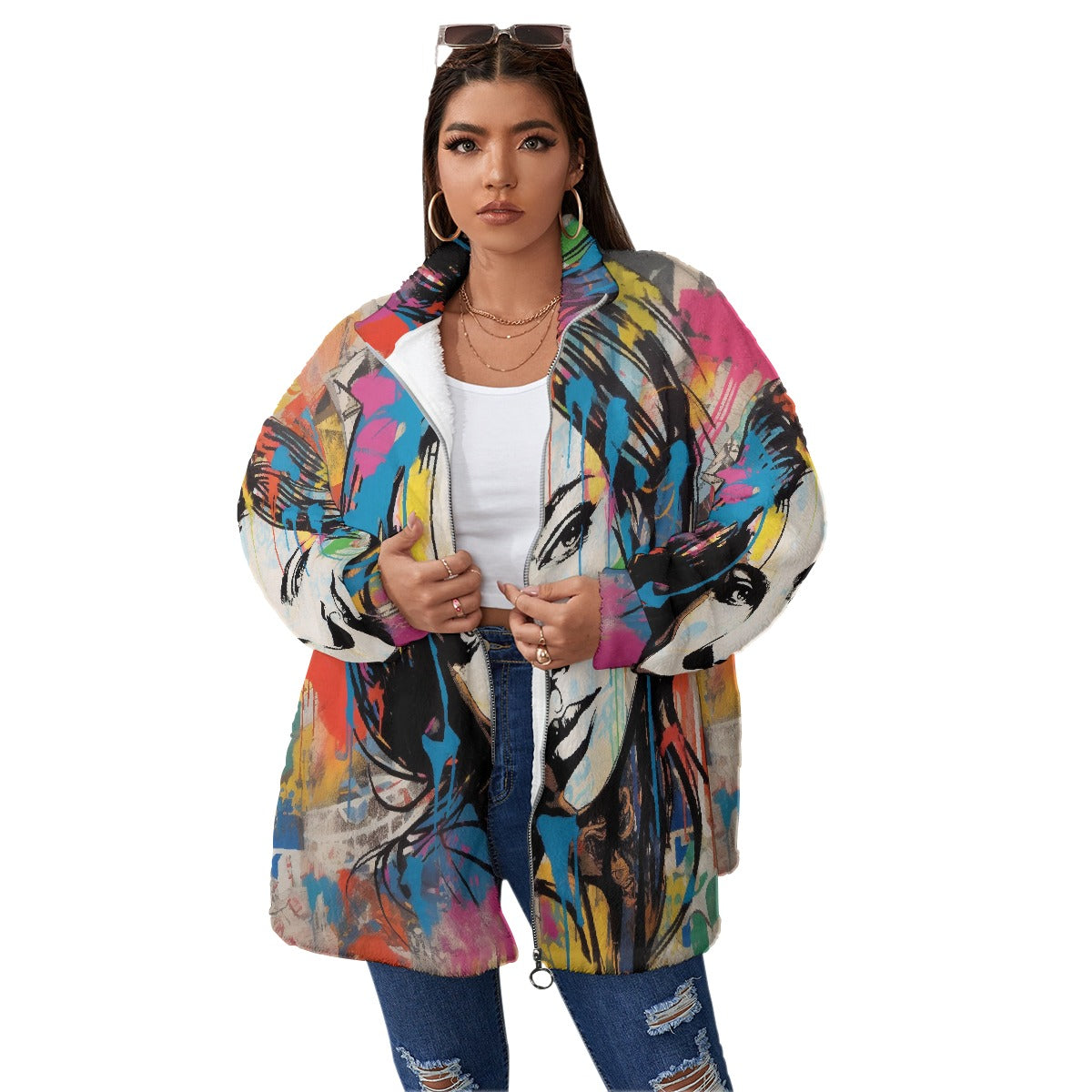 All-Over Print Unisex Borg Fleece Stand-up Collar Coat With Zipper Closure(Plus Size)