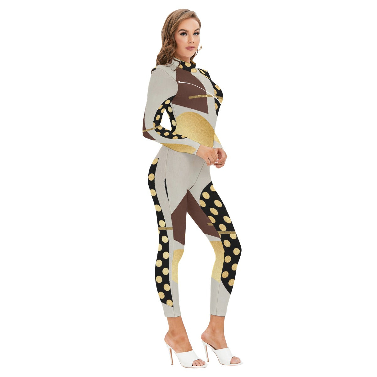 All-Over Print Women's Long-sleeved High-neck Jumpsuit With Zipper