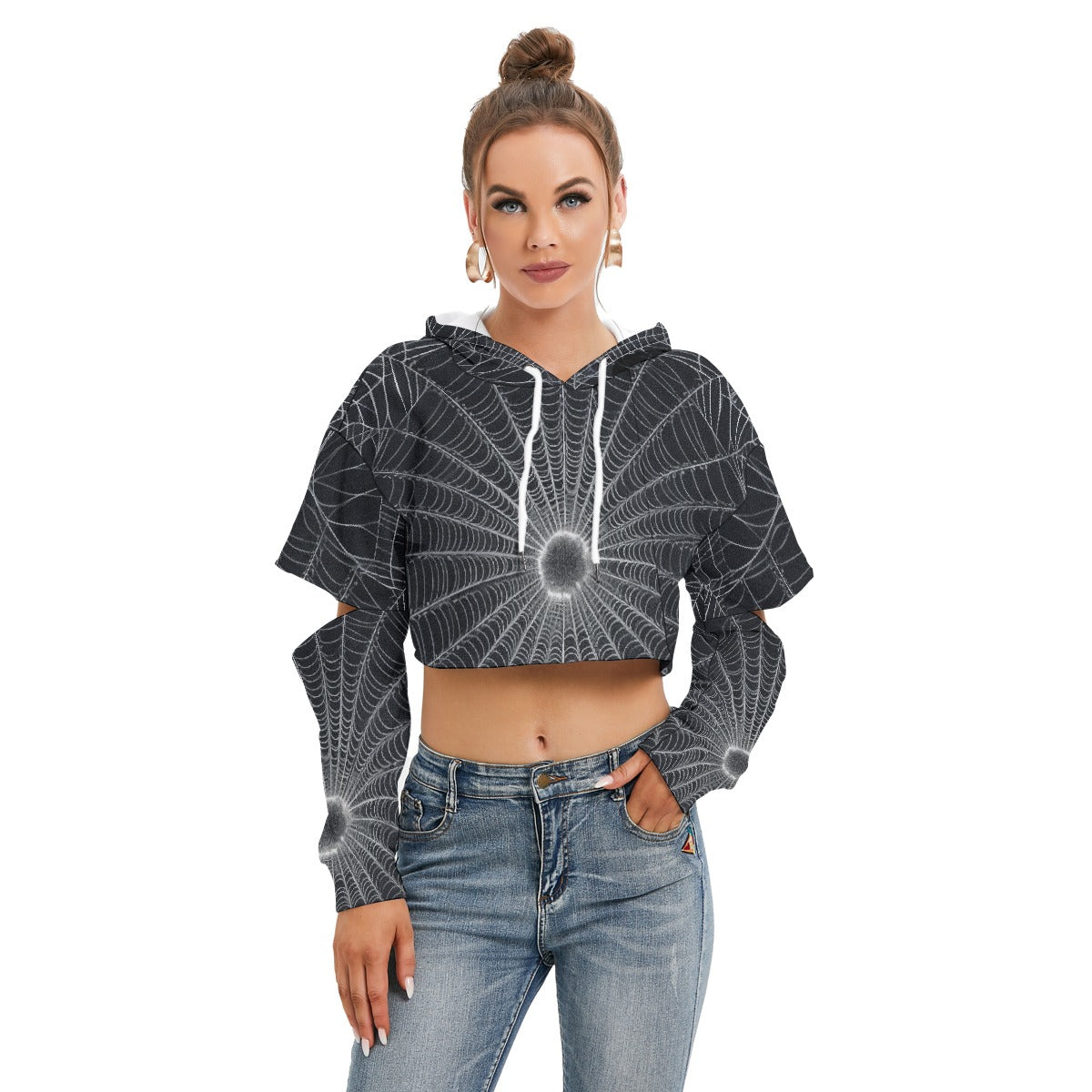 All-Over Print Women's Heavy Fleece Hoodie With Hollow Out Sleeve