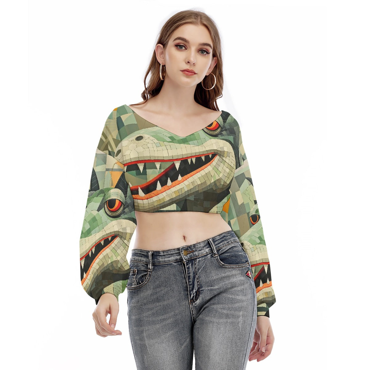 All-Over Print Women's V-neck Long Sleeve Cropped Sweatshirt
