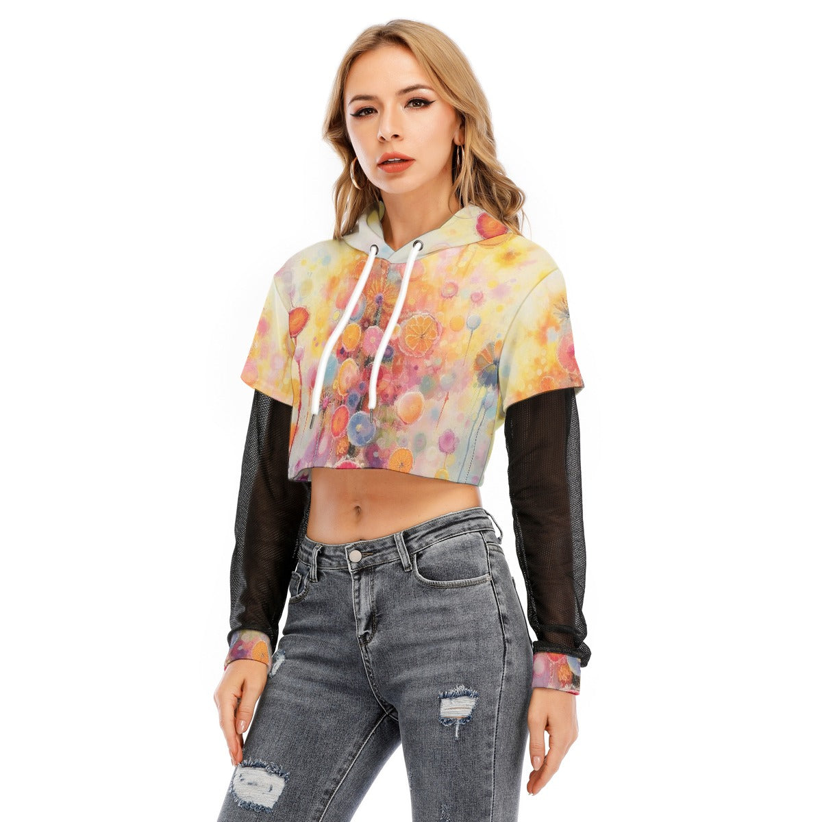 All-Over Print Women's Fake Two-piece Mesh Sleeve Cropped Hoodie