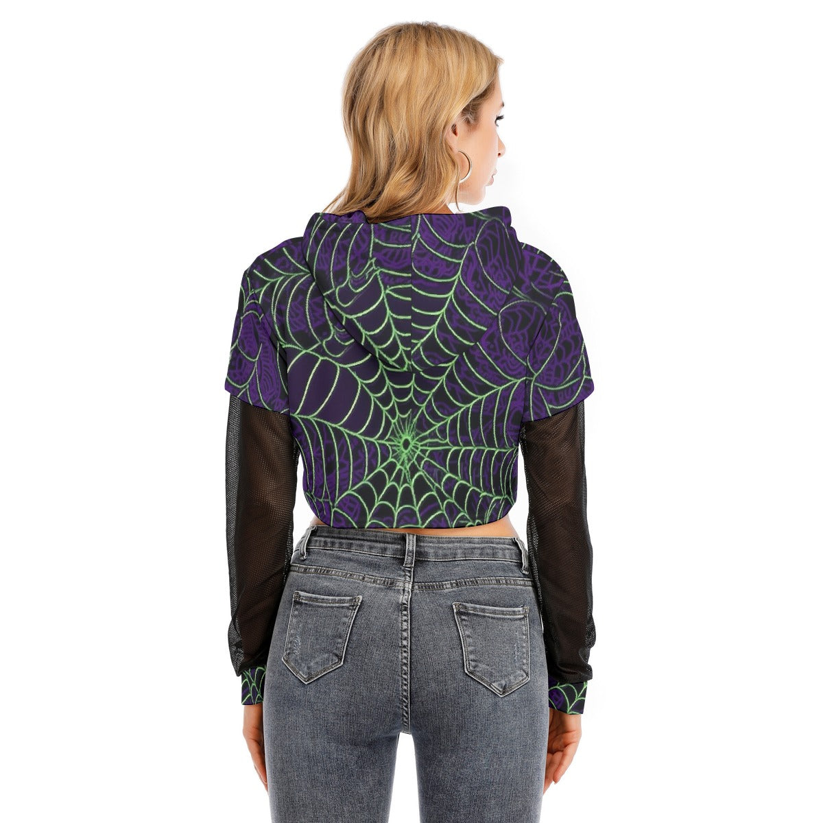 All-Over Print Women's Fake Two-piece Mesh Sleeve Cropped Hoodie