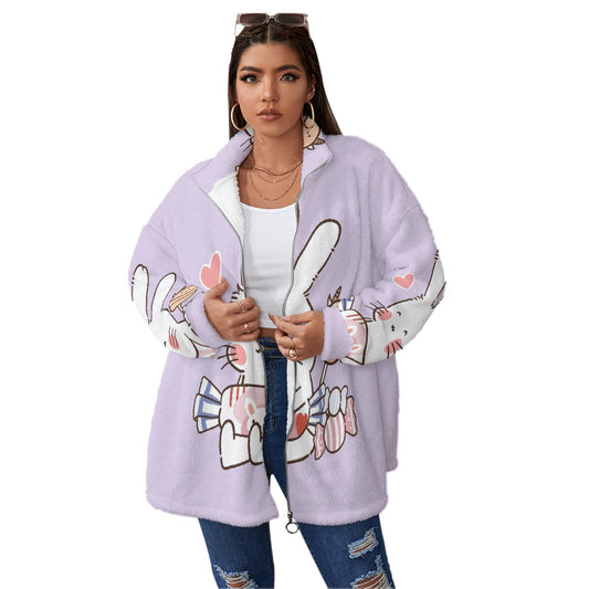 All-Over Print Unisex Borg Fleece Stand-up Collar Coat With Zipper Closure(Plus Size)