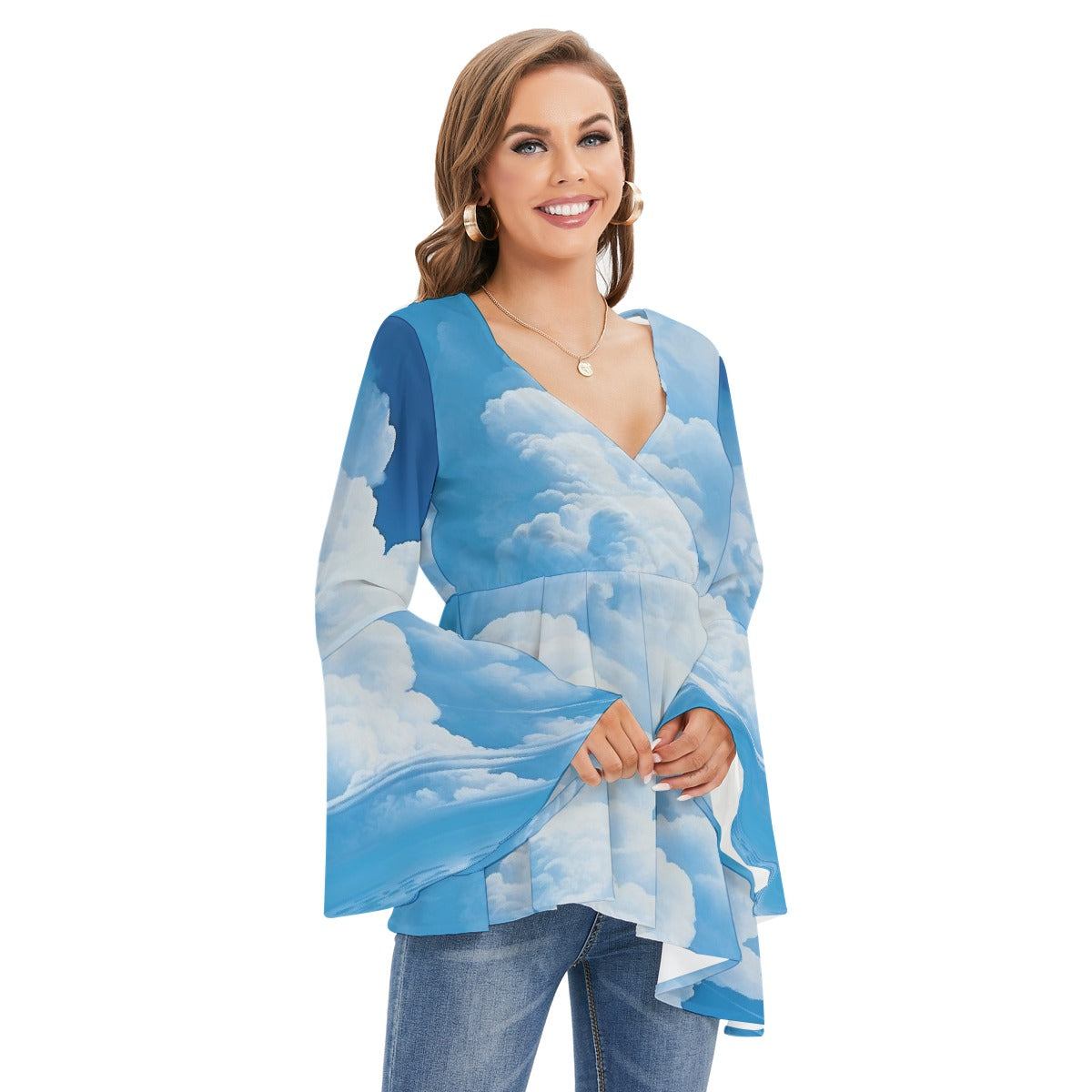 All-Over Print Women's V-neck Blouse With Flared Sleeves