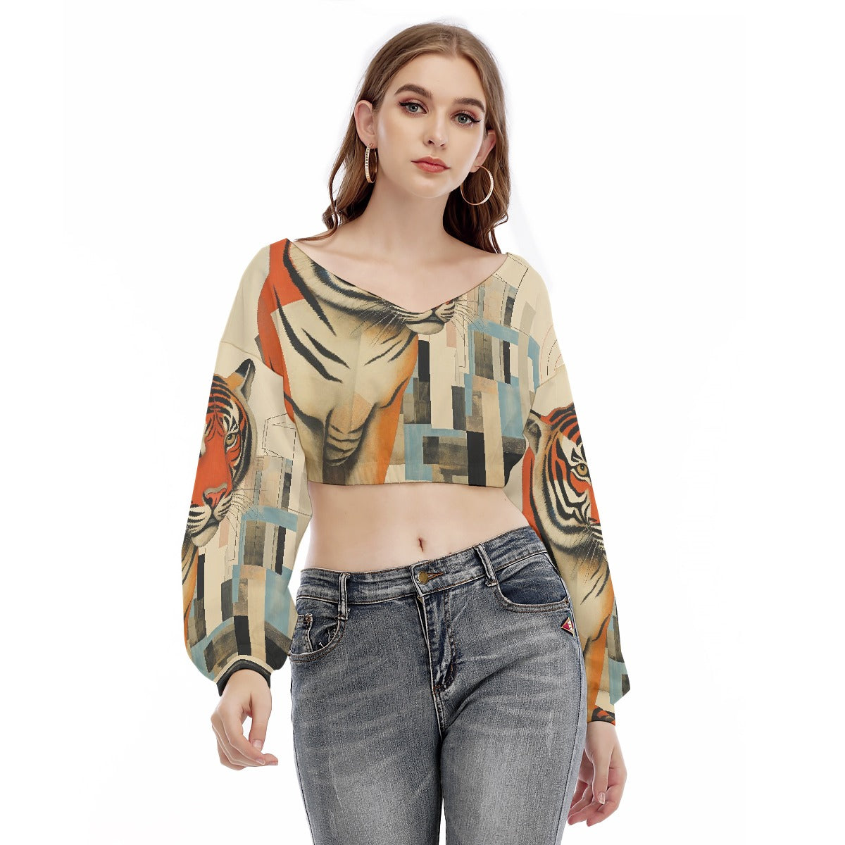 All-Over Print Women's V-neck Long Sleeve Cropped Sweatshirt