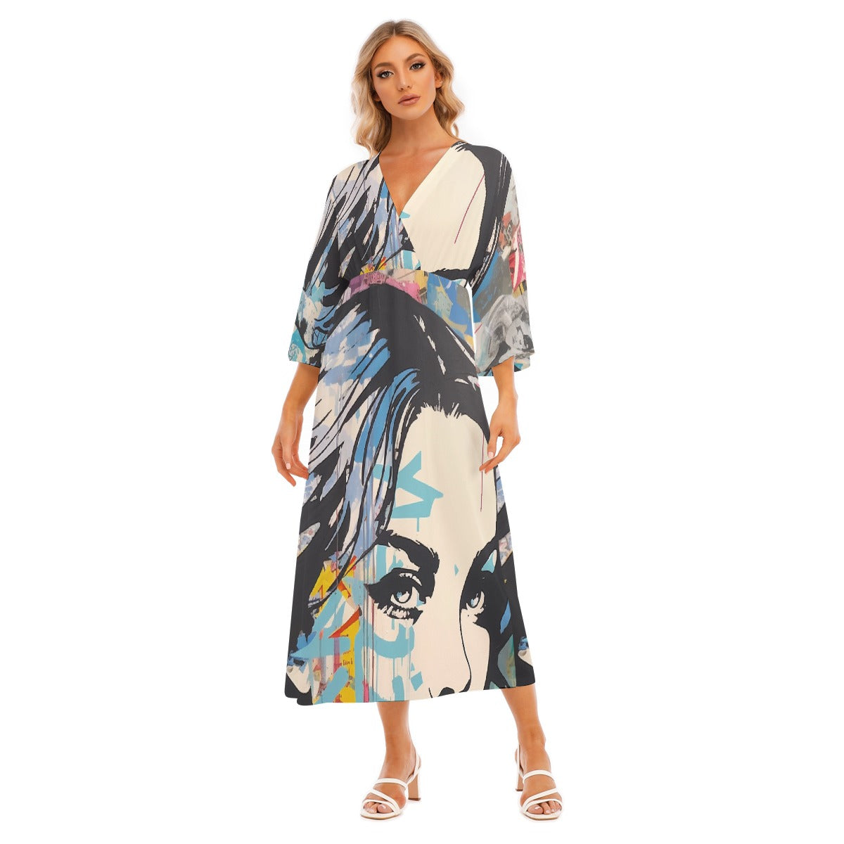All-Over Print Women's Mid-Sleeve Long Dress