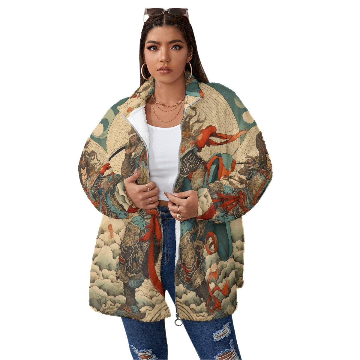 All-Over Print Unisex Borg Fleece Stand-up Collar Coat With Zipper Closure(Plus Size)