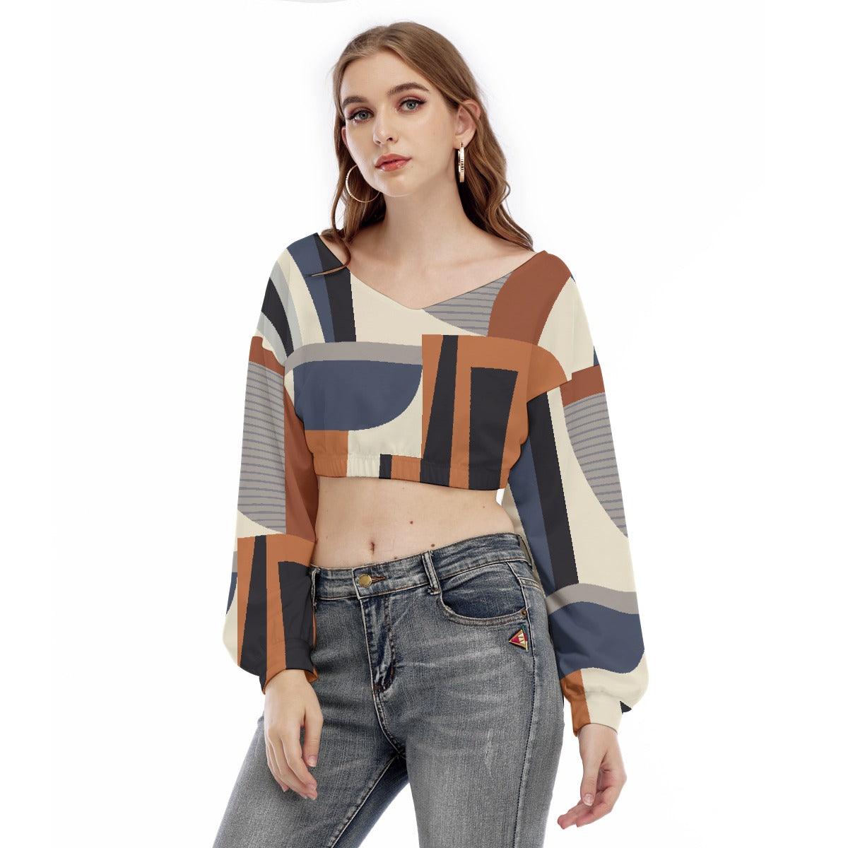 All-Over Print Women's V-neck Long Sleeve Cropped Sweatshirt