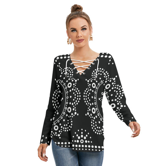 All-Over Print Women's Long Sleeve Neckline Tie Sweatshirt