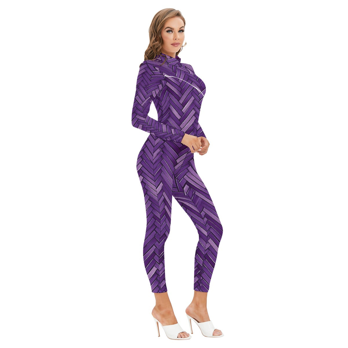 All-Over Print Women's Long-sleeved High-neck Jumpsuit With Zipper